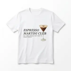 White t-shirt with 'Espresso Martini Club' text and martini glass graphic.