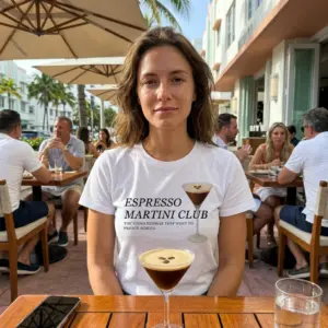 Funny Espresso Martini Club T-Shirt 11 Person wearing 'Espresso Martini Club' t-shirt with drink illustration.