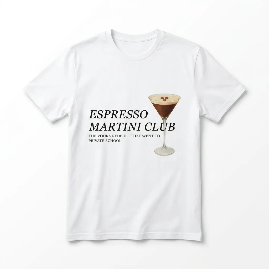 Funny Espresso Martini Club T-Shirt 1 White t-shirt with 'Espresso Martini Club' text and martini glass graphic.