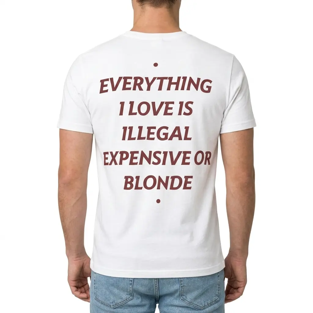 Casual tee with humorous saying.