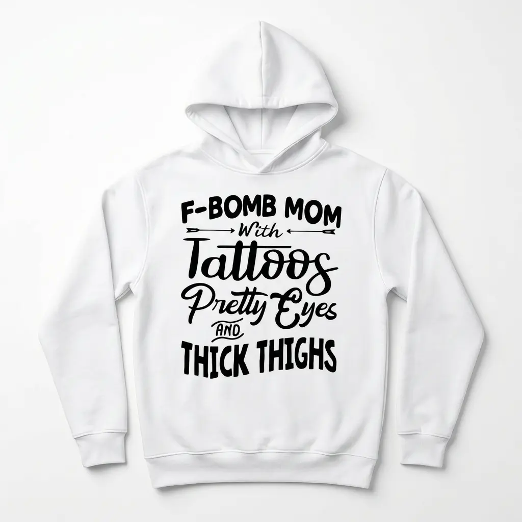 Funny F-Bomb Mom With Tattoos Graphic T-Shirt 2 White mom shirt featuring bold graphic text about tattoos and thick thighs.