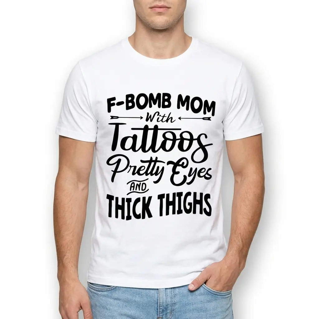 Funny F-Bomb Mom With Tattoos Graphic T-Shirt 3 Graphic t-shirt for moms with humorous text about pretty eyes and tattoos.