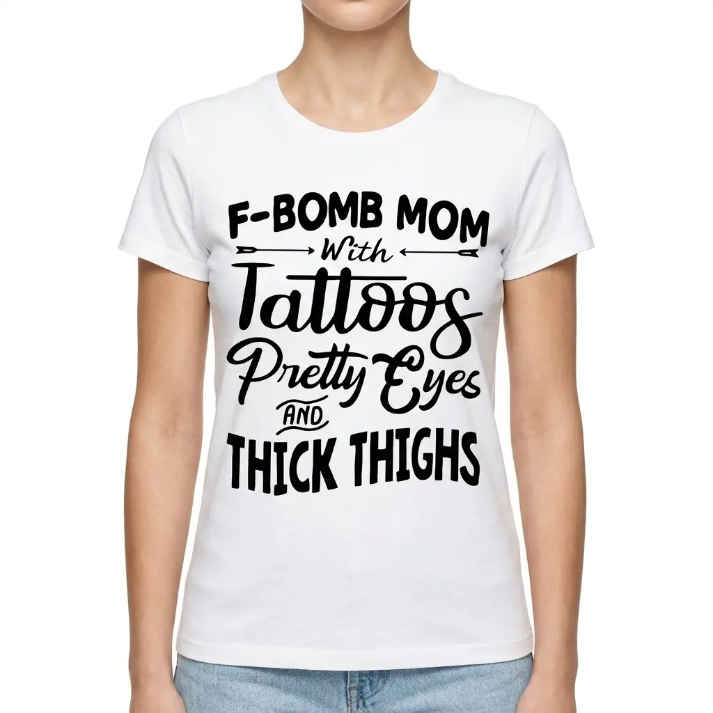 Funny F-Bomb Mom With Tattoos Graphic T-Shirt 4 Black text graphic on a white t-shirt for moms with edgy design.