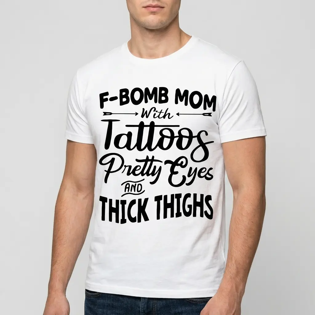 Funny F-Bomb Mom With Tattoos Graphic T-Shirt 5 White t-shirt displaying humorous graphic text about being a mom.