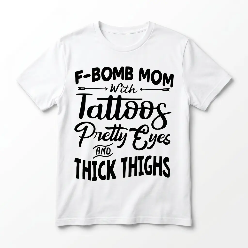 Funny F-Bomb Mom With Tattoos Graphic T-Shirt 1 White t-shirt with 'F-Bomb Mom, Tattoos, Pretty Eyes, Thick Thighs' graphic text.
