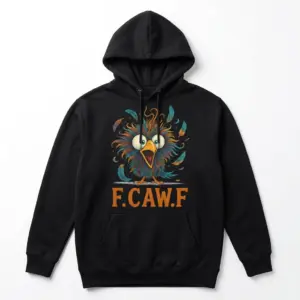 Funny F.CAW.F Chaotic Bird Pun Graphic T-Shirt 7 Graphic T-shirt displaying a vibrant bird design with 'F. CAW. F' text.