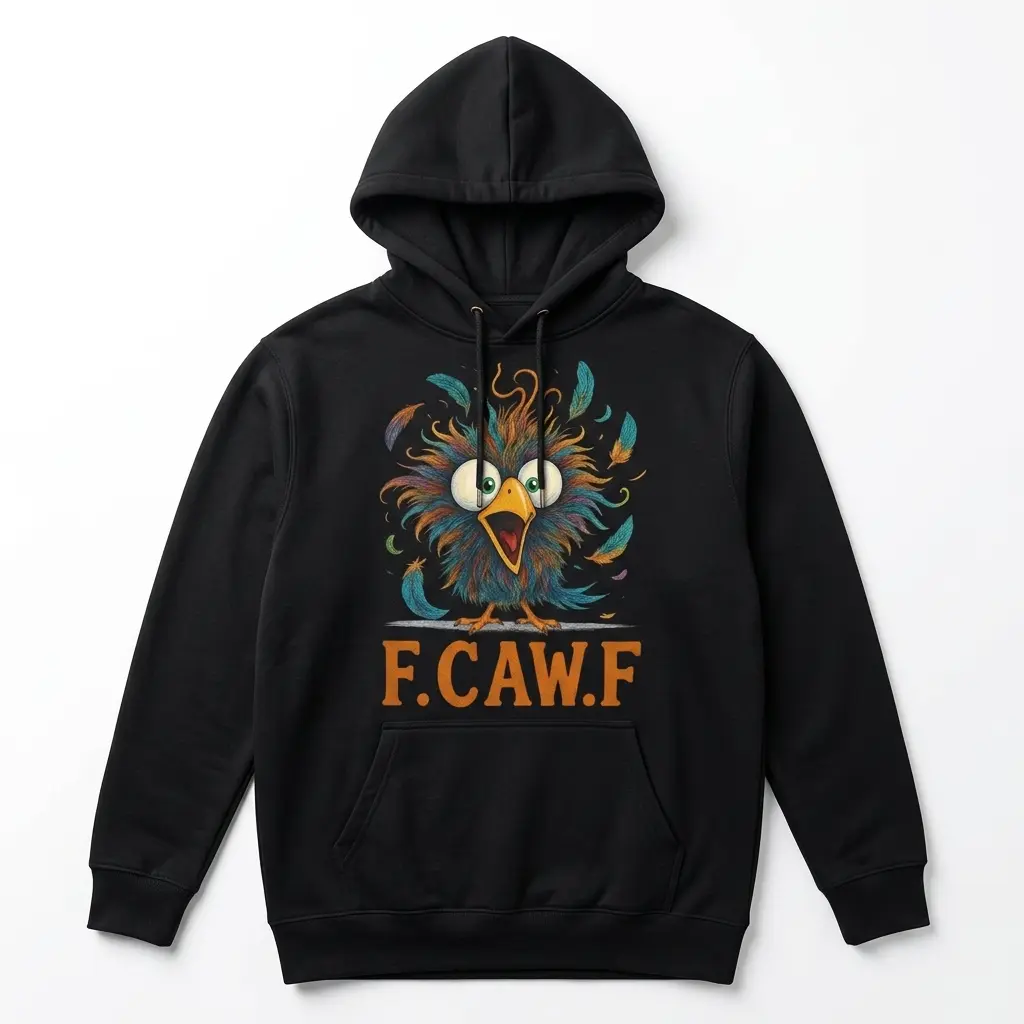 Funny F.CAW.F Chaotic Bird Pun Graphic T-Shirt 2 Graphic T-shirt displaying a vibrant bird design with 'F. CAW. F' text.