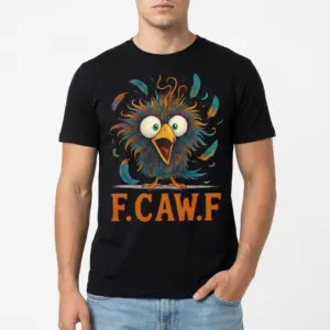Funny F.CAW.F Chaotic Bird Pun Graphic T-Shirt 8 Funny T-shirt with a bright bird illustration and 'F. CAW. F' print.