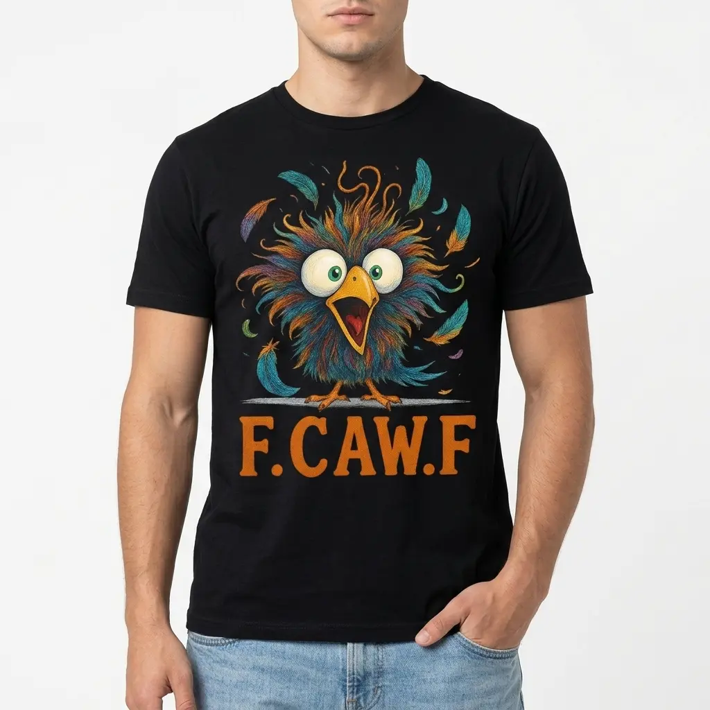 Funny F.CAW.F Chaotic Bird Pun Graphic T-Shirt 3 Funny T-shirt with a bright bird illustration and 'F. CAW. F' print.