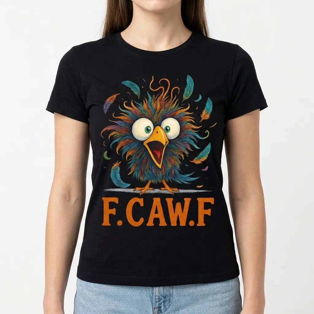 Funny F.CAW.F Chaotic Bird Pun Graphic T-Shirt 4 Humorous shirt showing an animated bird graphic and 'F. CAW. F' wording.