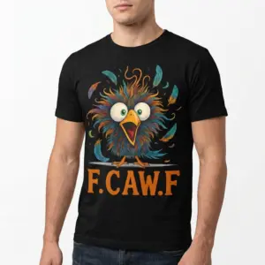 Funny F.CAW.F Chaotic Bird Pun Graphic T-Shirt 10 T-shirt with a comical bird design and bold 'F. CAW. F' lettering.