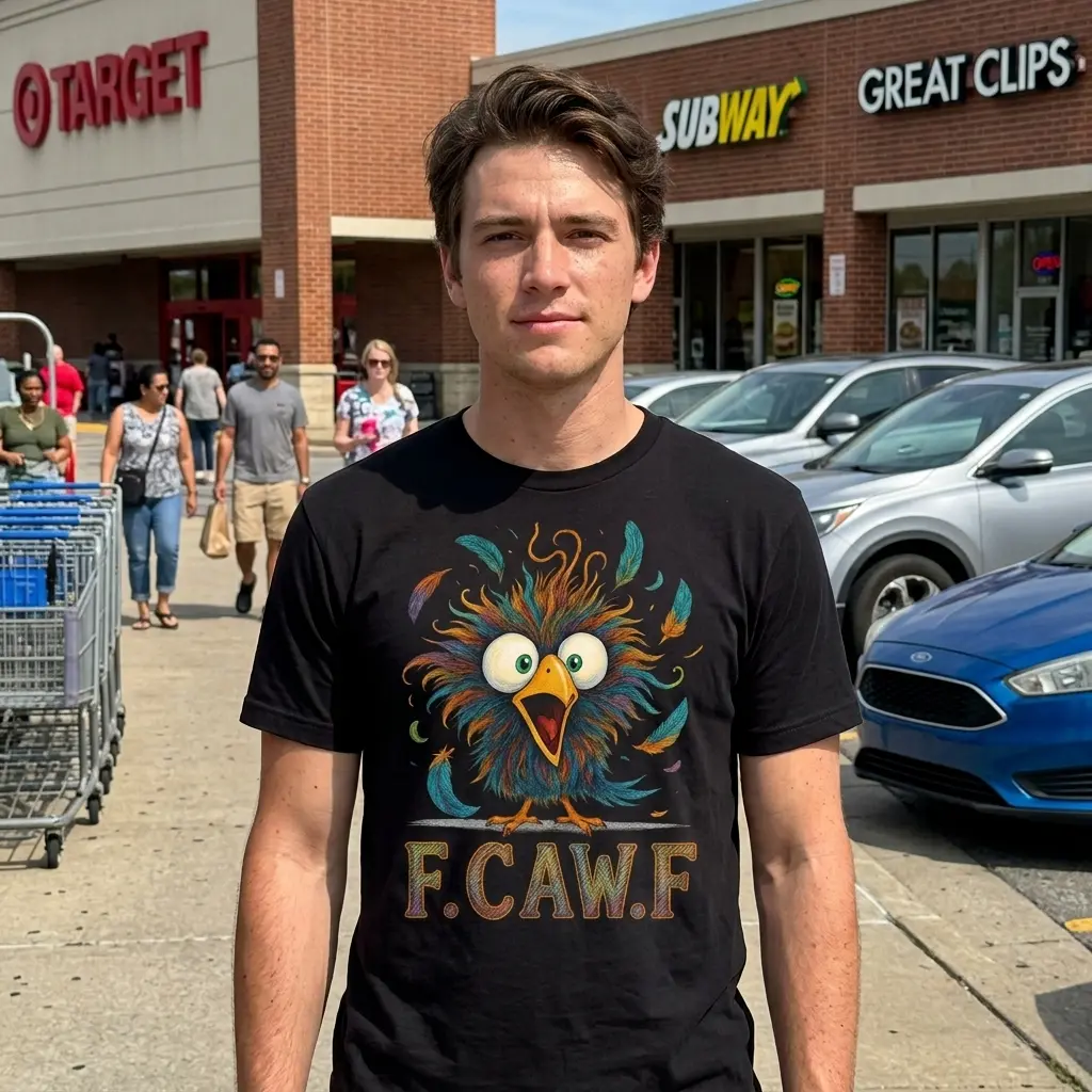 Funny F.CAW.F Chaotic Bird Pun Graphic T-Shirt 6 Casual wear T-shirt with a quirky bird print and 'F. CAW. F' message.