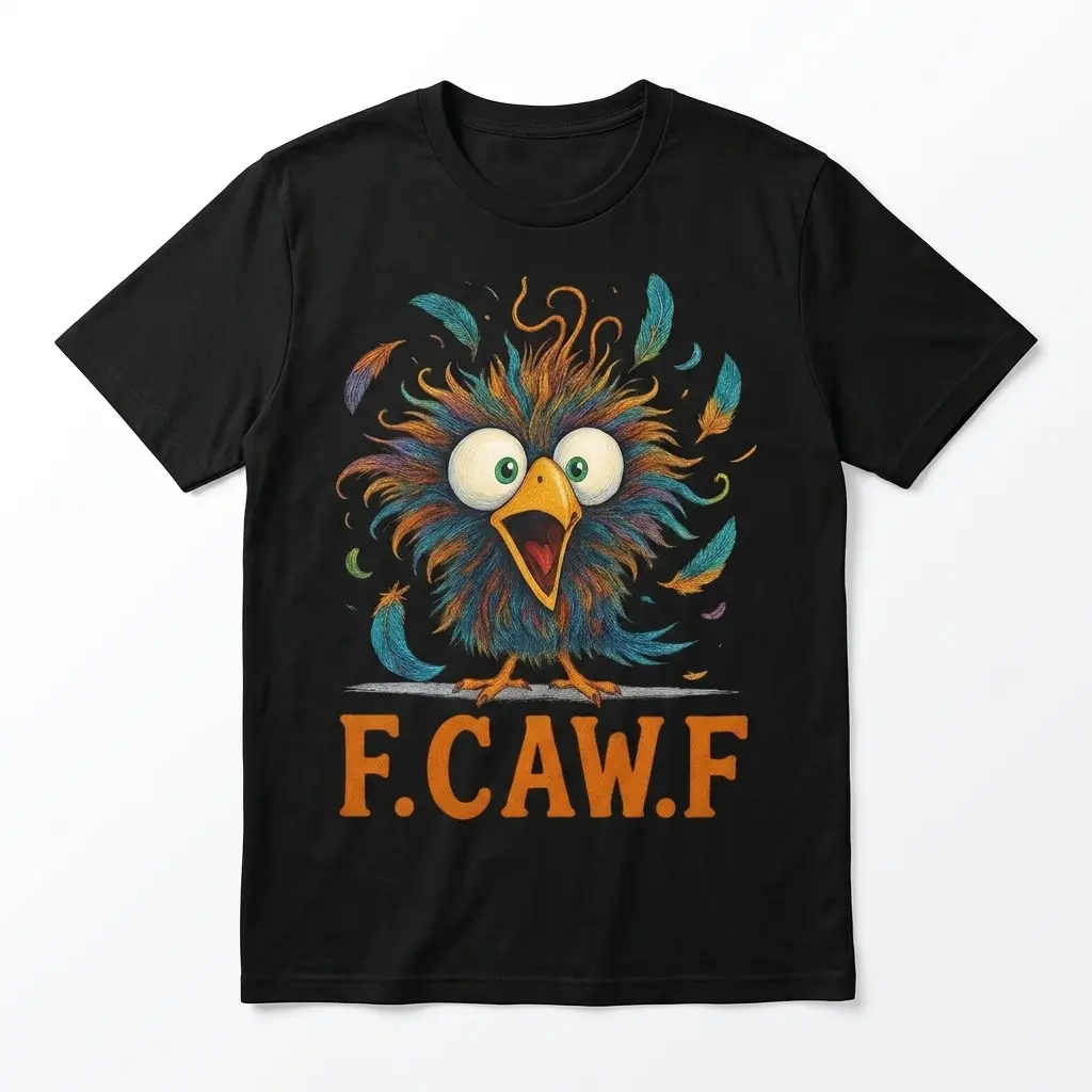 Funny F.CAW.F Chaotic Bird Pun Graphic T-Shirt 1 Black T-shirt featuring a colorful chaotic bird with 'F. CAW. F' slogan.