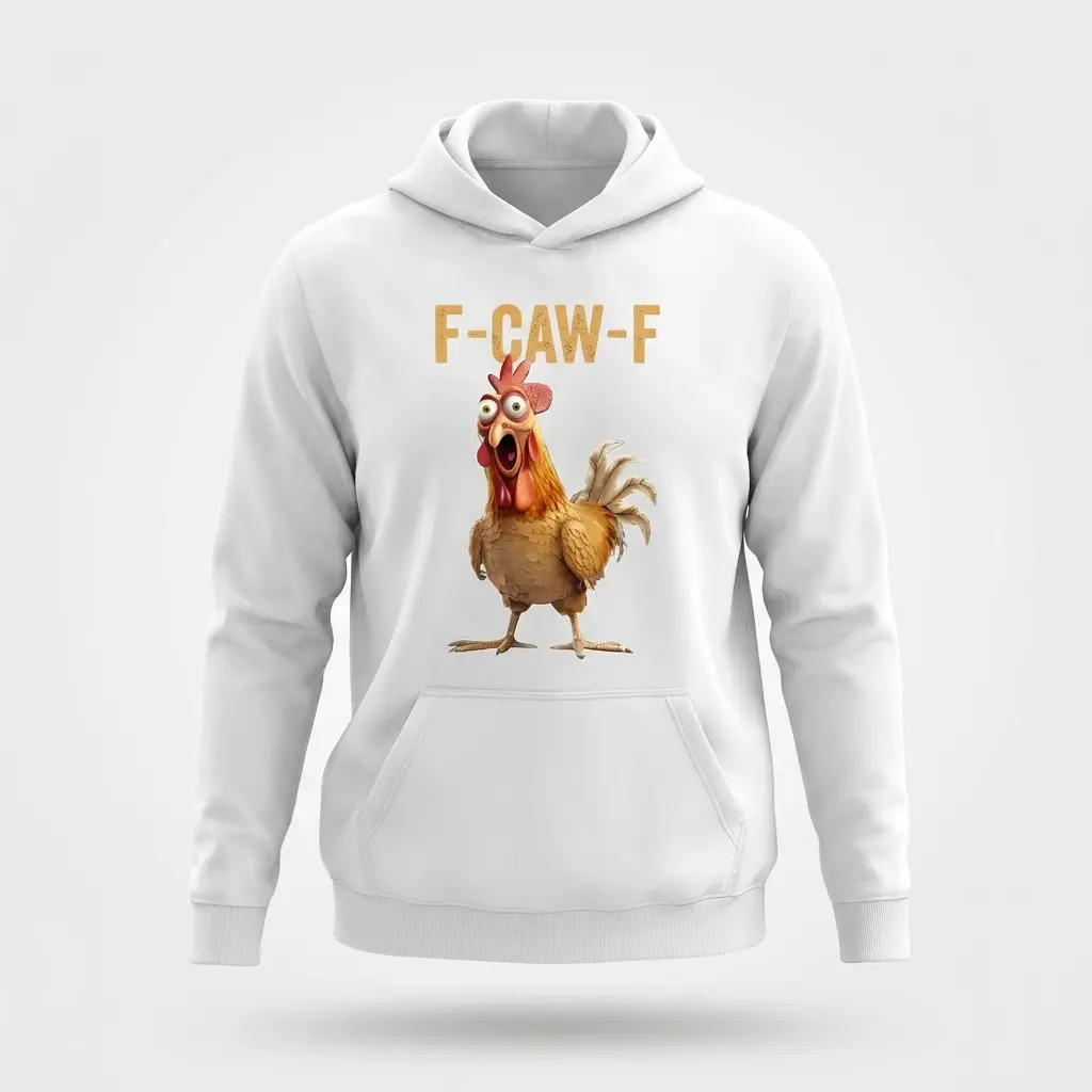 Front flat lay of a hoodie printed with the humorous F-CAW-F screaming rooster design.