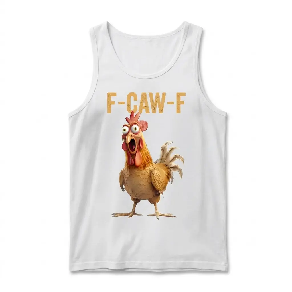 Tank top flat lay displaying the funny screaming rooster and F-CAW-F pun graphic on the chest.