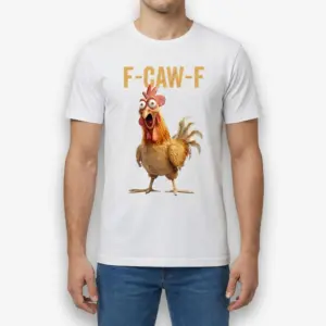 Funny F-CAW-F Rooster Pun T-Shirt 9 Front view of a man wearing the funny F-CAW-F rooster pun graphic t-shirt.