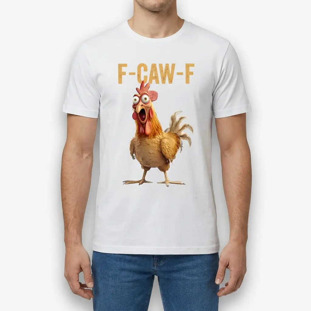 Front view of a man wearing the funny F-CAW-F rooster pun graphic t-shirt.