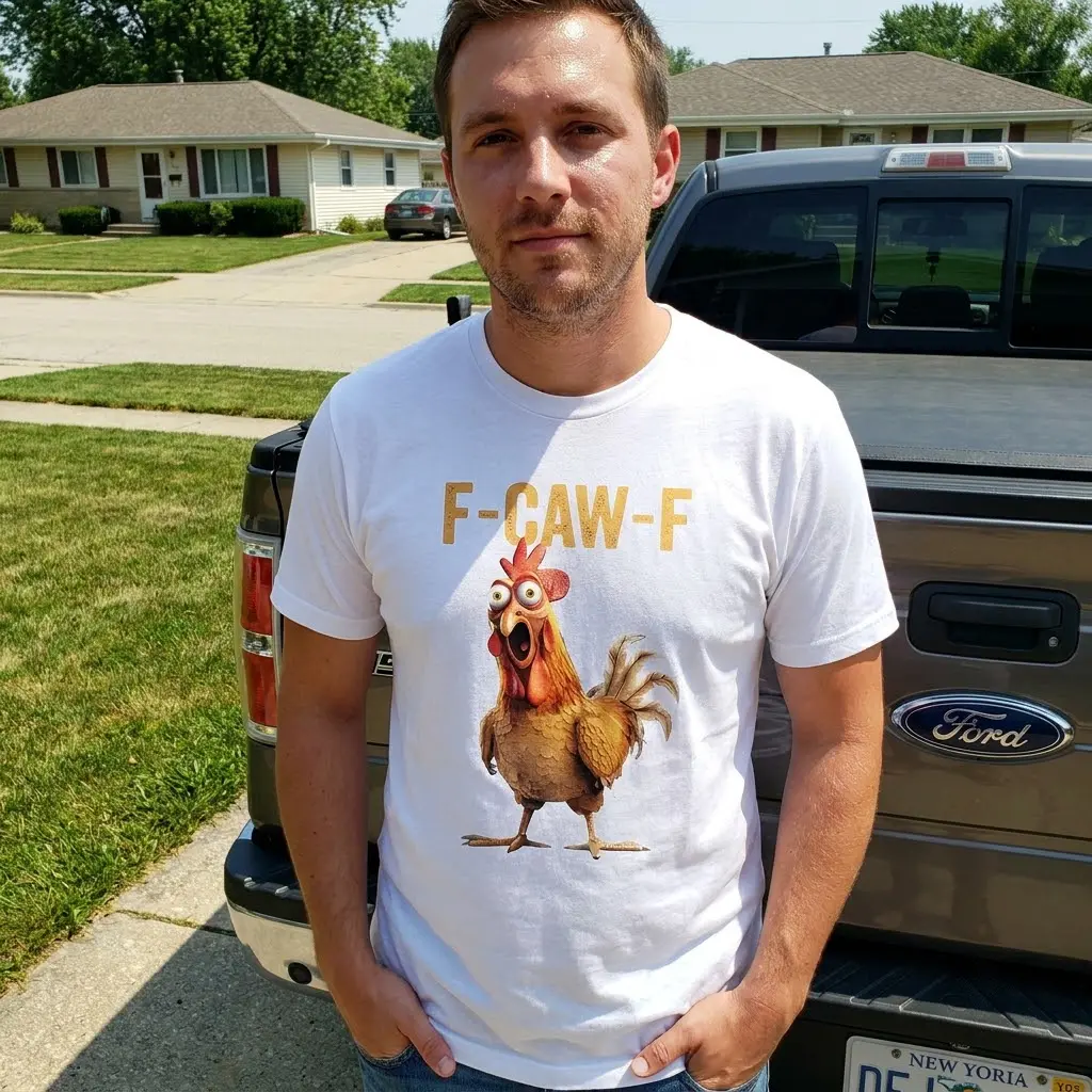 Lifestyle view highlighting the humorous F-CAW-F screaming rooster design worn outdoors.