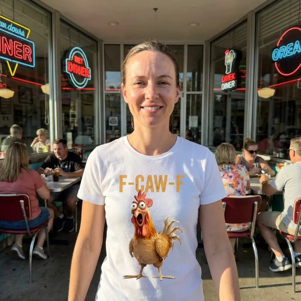 Casual lifestyle setting showcasing the funny F-CAW-F rooster pun shirt.