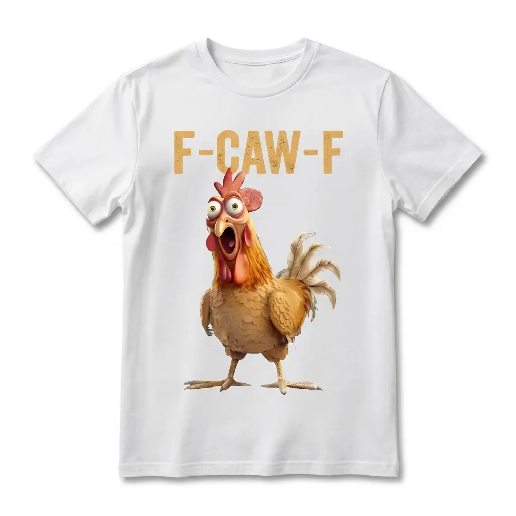Flat lay of a white t-shirt featuring a funny screaming rooster and F-CAW-F text pun graphic.