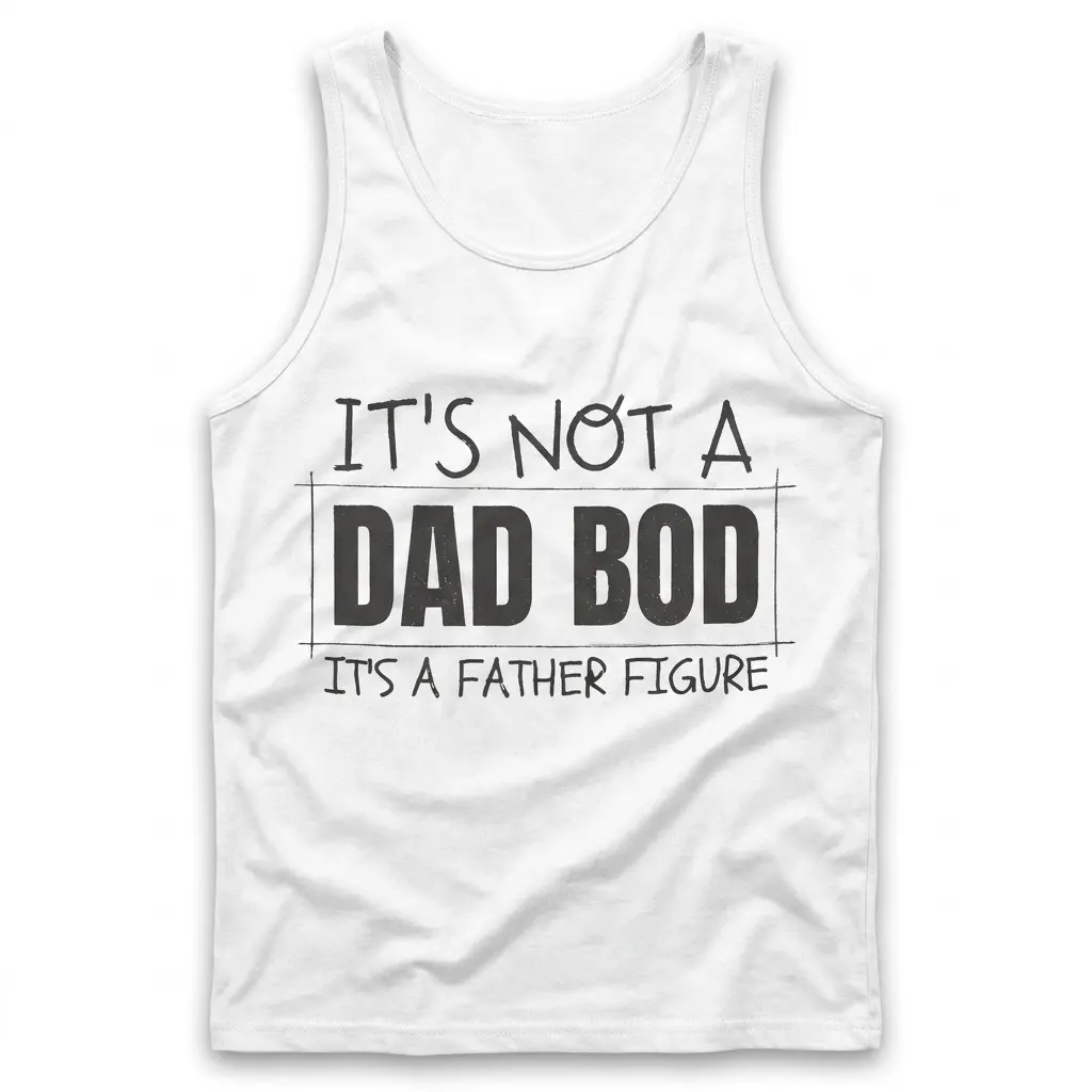 Funny Father Figure Dad Bod T-Shirt 3 Flat lay of a sleeveless tank top printed with the humorous text 'IT'S NOT A DAD BOD IT'S A FATHER FIGURE' in black lettering.