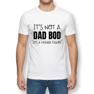 Funny Father Figure Dad Bod T-Shirt 9 Front view of a man wearing a shirt with the humorous text 'IT'S NOT A DAD BOD IT'S A FATHER FIGURE' printed on the front.