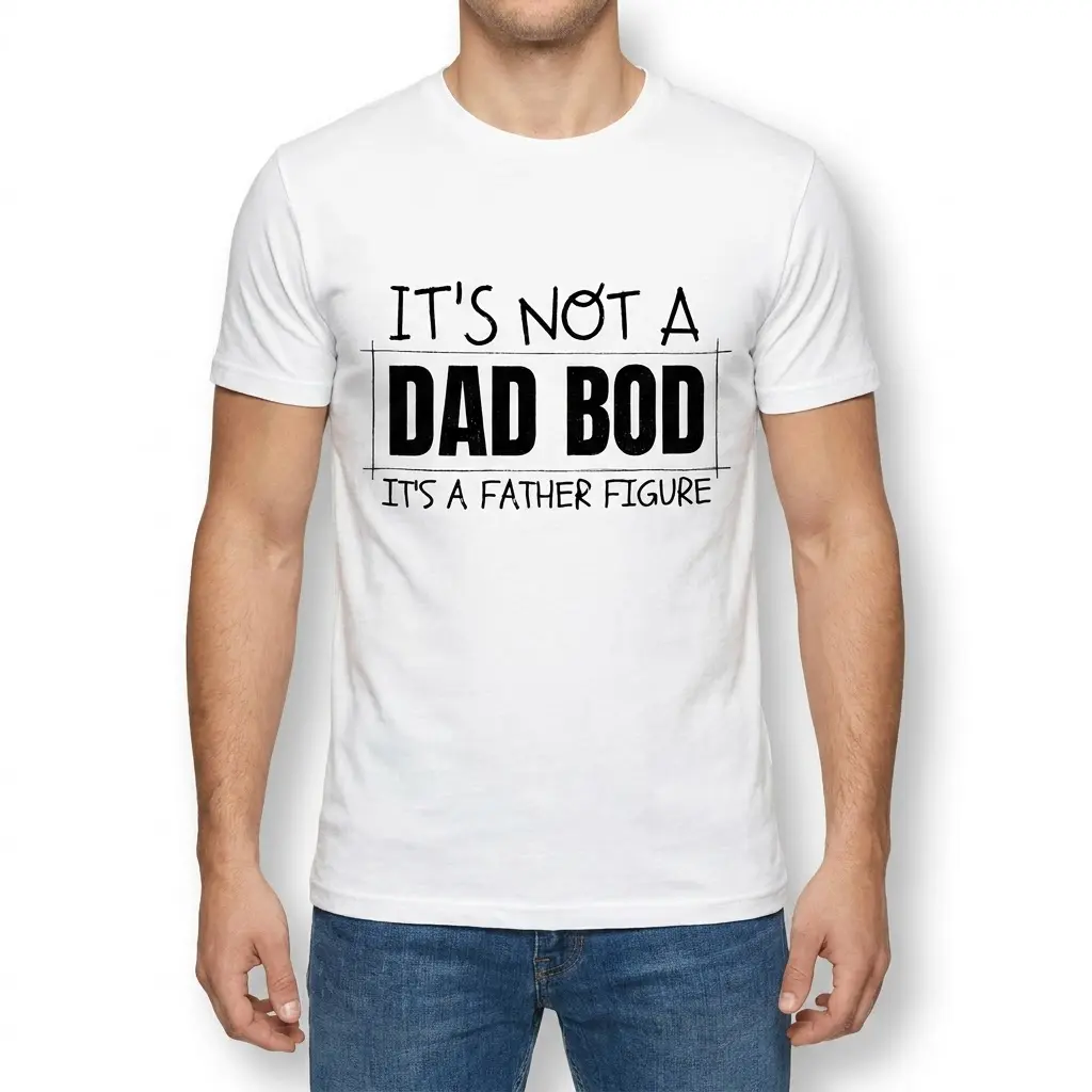 Funny Father Figure Dad Bod T-Shirt 4 Front view of a man wearing a shirt with the humorous text 'IT'S NOT A DAD BOD IT'S A FATHER FIGURE' printed on the front.