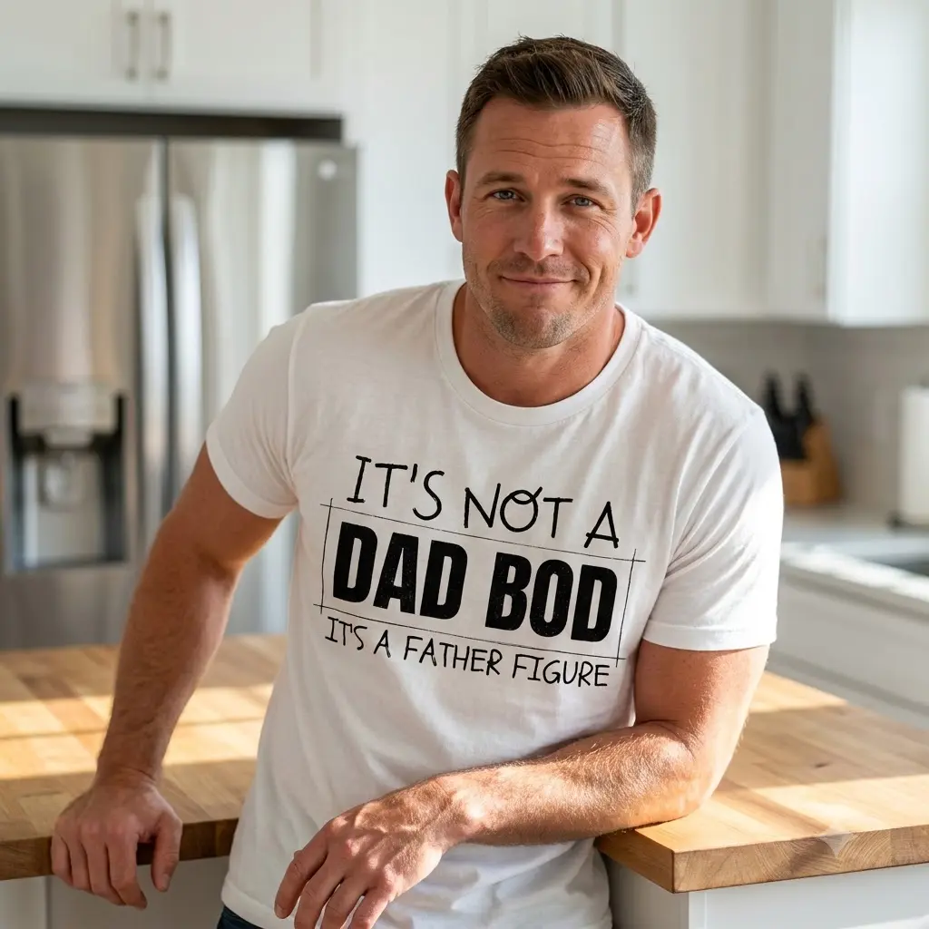 Funny Father Figure Dad Bod T-Shirt 5 Lifestyle view of a man casually wearing the funny 'IT'S NOT A DAD BOD IT'S A FATHER FIGURE' graphic tee.