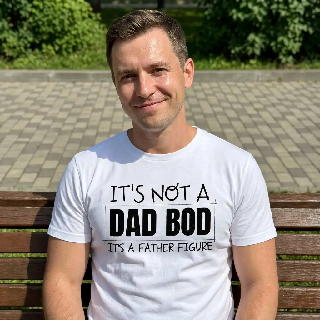 Funny Father Figure Dad Bod T-Shirt 6 Close-up lifestyle shot highlighting the 'IT'S NOT A DAD BOD IT'S A FATHER FIGURE' text design on a casual shirt.