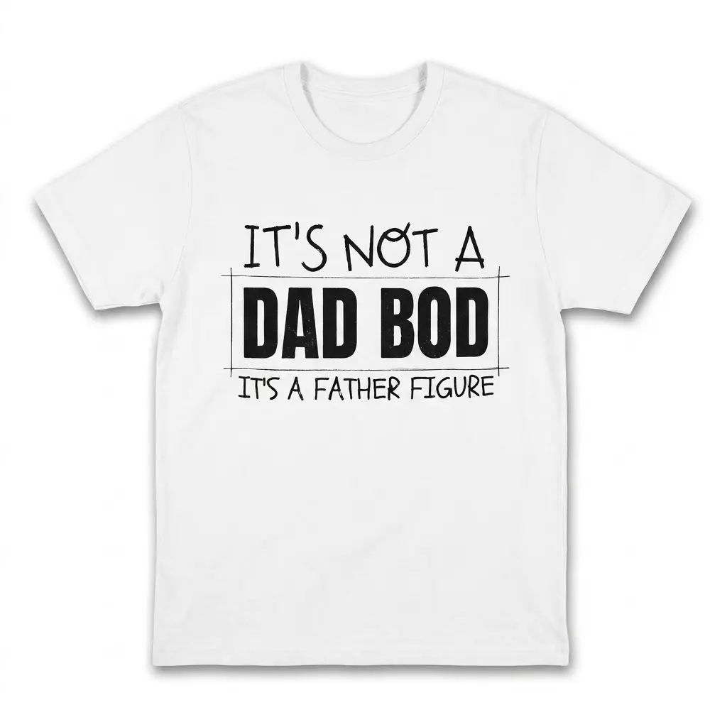 Funny Father Figure Dad Bod T-Shirt 1 Flat lay of a white crewneck t-shirt featuring black text reading 'IT'S NOT A DAD BOD IT'S A FATHER FIGURE'.