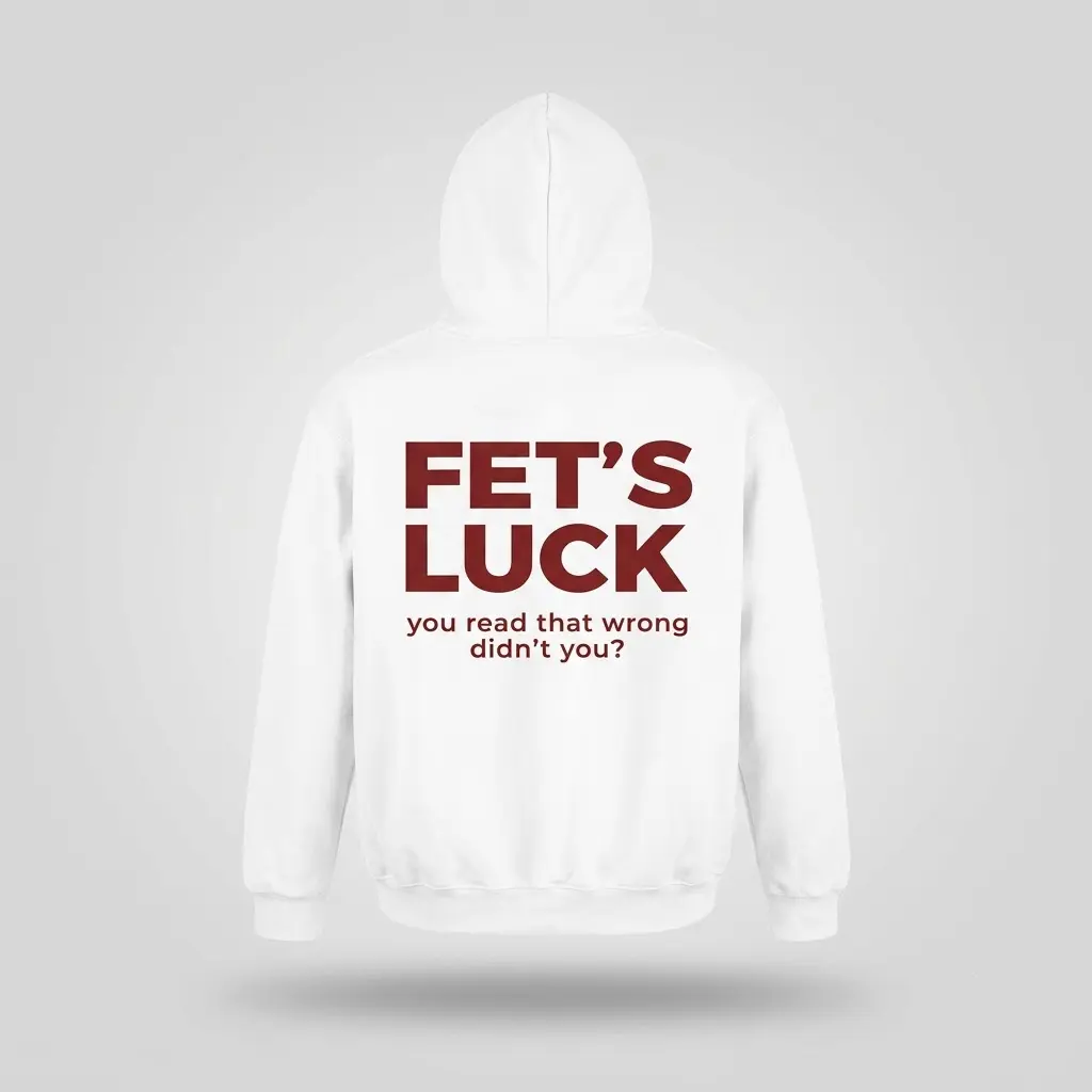 Back flat lay of a hoodie printed with maroon text reading FET'S LUCK you read that wrong didn't you.
