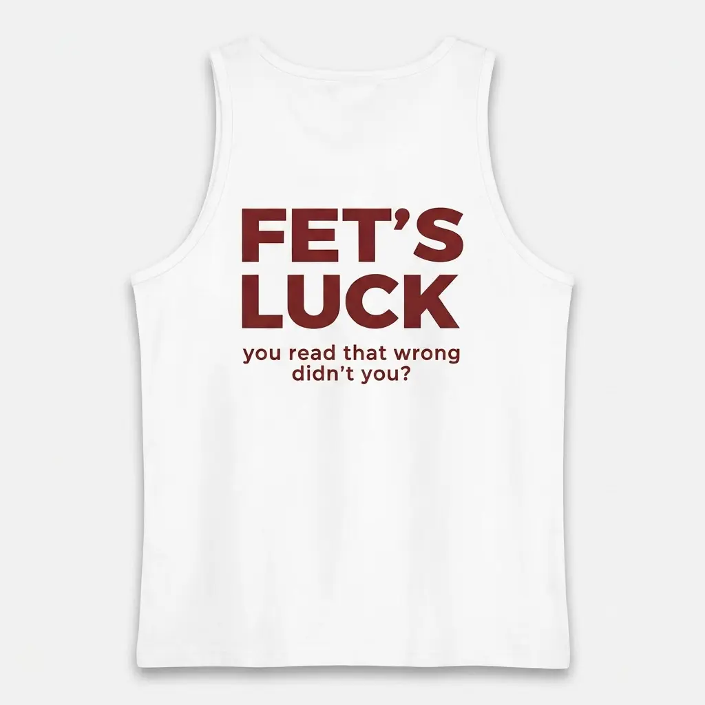 Back flat lay of a tank top featuring the humorous spoonerism text FET'S LUCK you read that wrong didn't you.