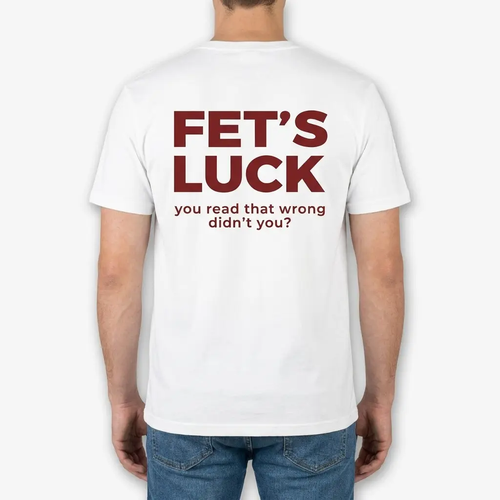 Rear view of a man wearing a white t-shirt with maroon text that reads FET'S LUCK you read that wrong didn't you.