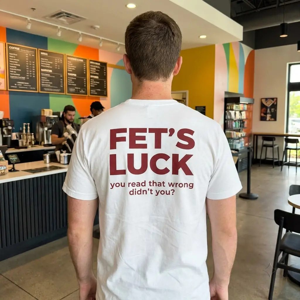 Casual lifestyle setting showcasing the back print of the FET'S LUCK wordplay shirt.