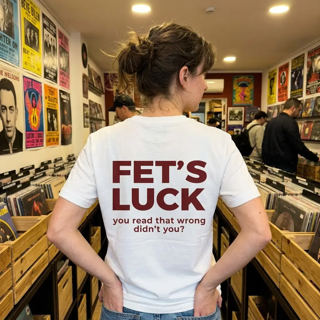 Lifestyle showcase displaying the back graphic reading FET'S LUCK you read that wrong didn't you.