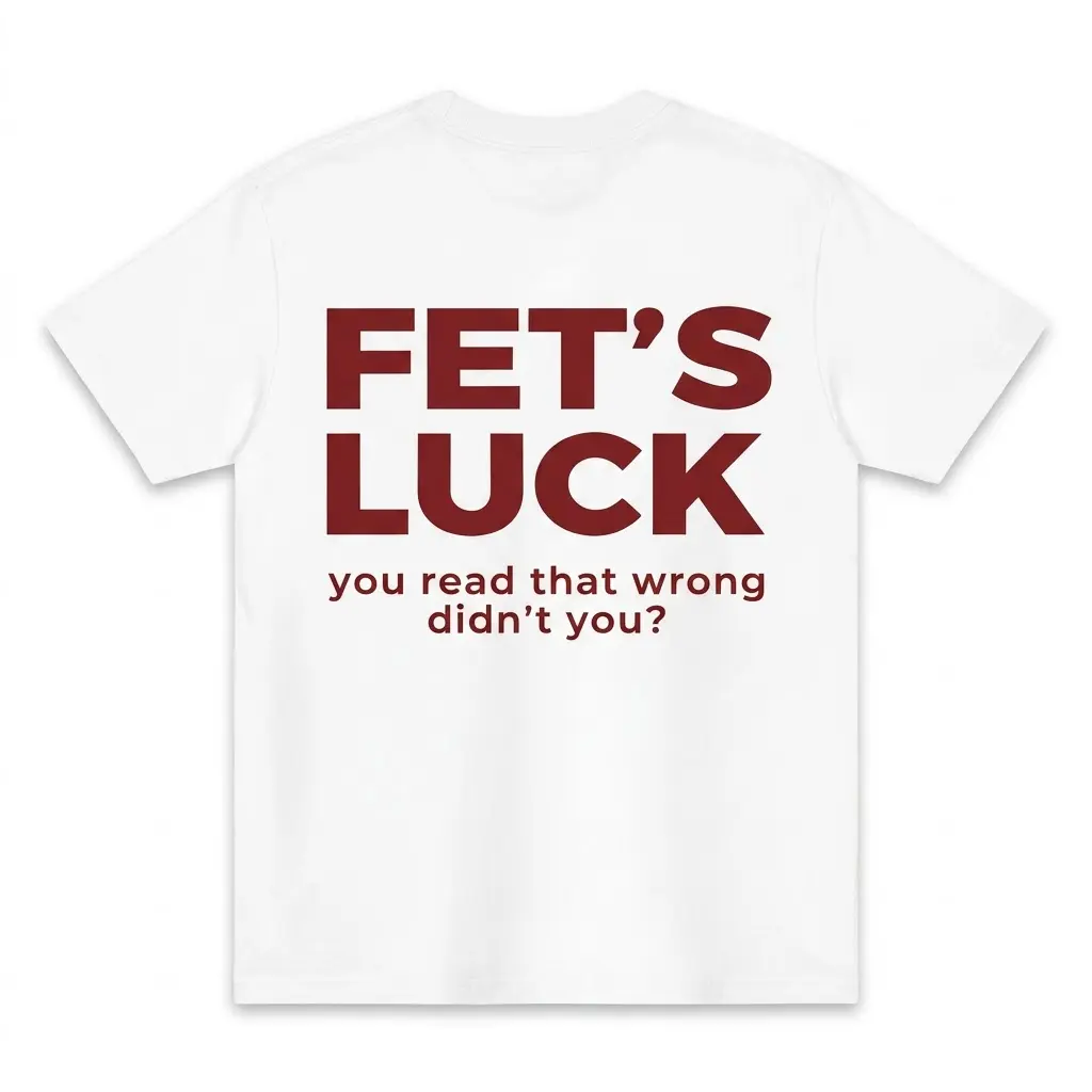 Back flat lay of a white t-shirt featuring the text FET'S LUCK you read that wrong didn't you in maroon lettering.