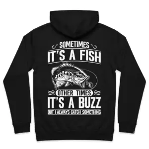 Funny Fishing Catch A Buzz Graphic T-Shirt 7 Funny fishing shirt displaying a fish graphic on black fabric.