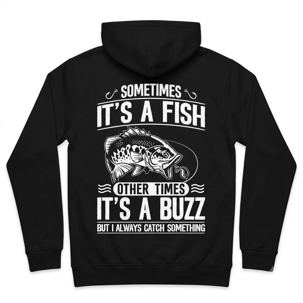 Funny Fishing Catch A Buzz Graphic T-Shirt 2 Funny fishing shirt displaying a fish graphic on black fabric.