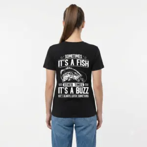 Funny Fishing Catch A Buzz Graphic T-Shirt 10 Back view of a black t-shirt with a funny fishing-themed design.