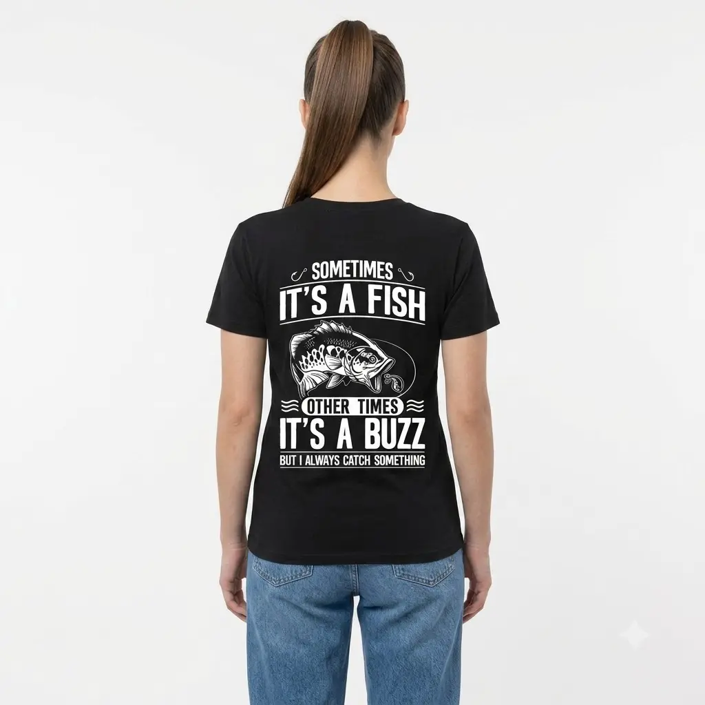 Funny Fishing Catch A Buzz Graphic T-Shirt 5 Back view of a black t-shirt with a funny fishing-themed design.