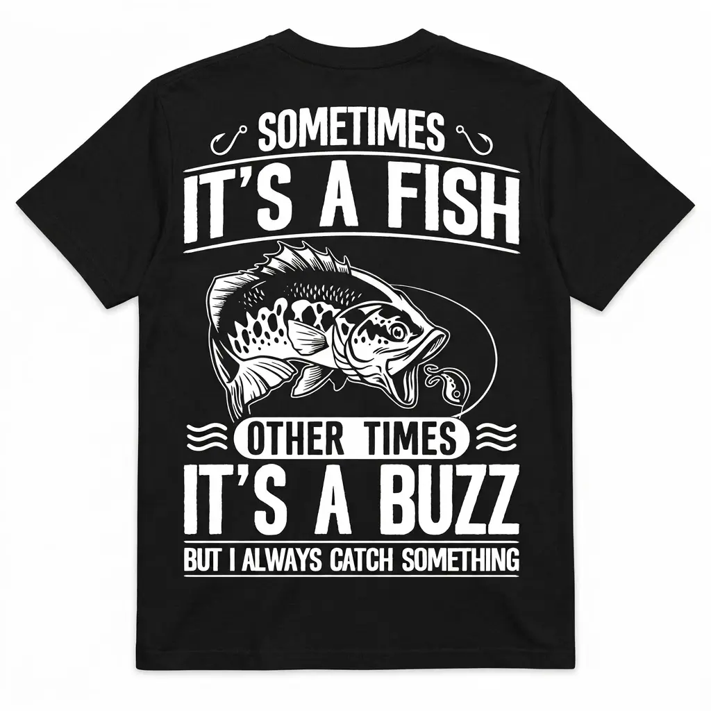 Funny Fishing Catch A Buzz Graphic T-Shirt 1 Black t-shirt with humorous fishing print, featuring a fish design.