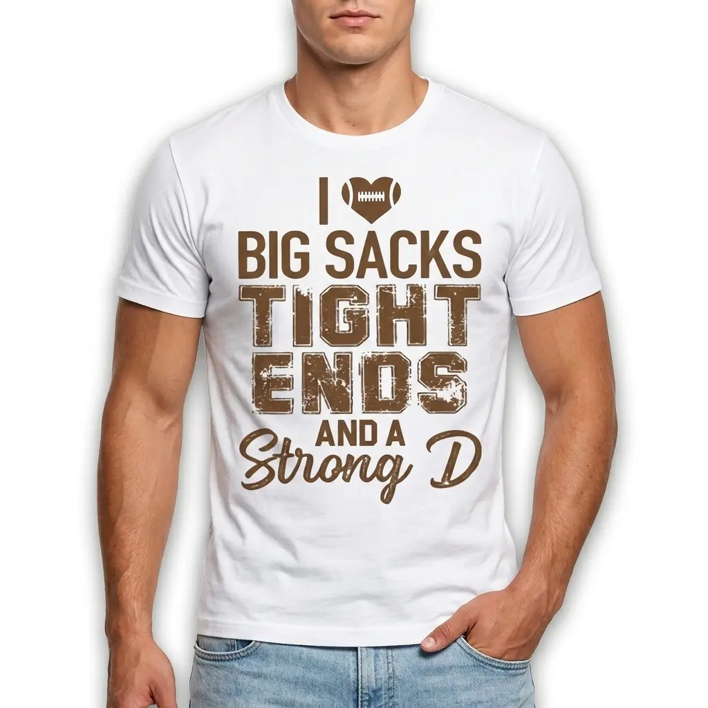 Front view of sports shirt displaying witty football slogan.