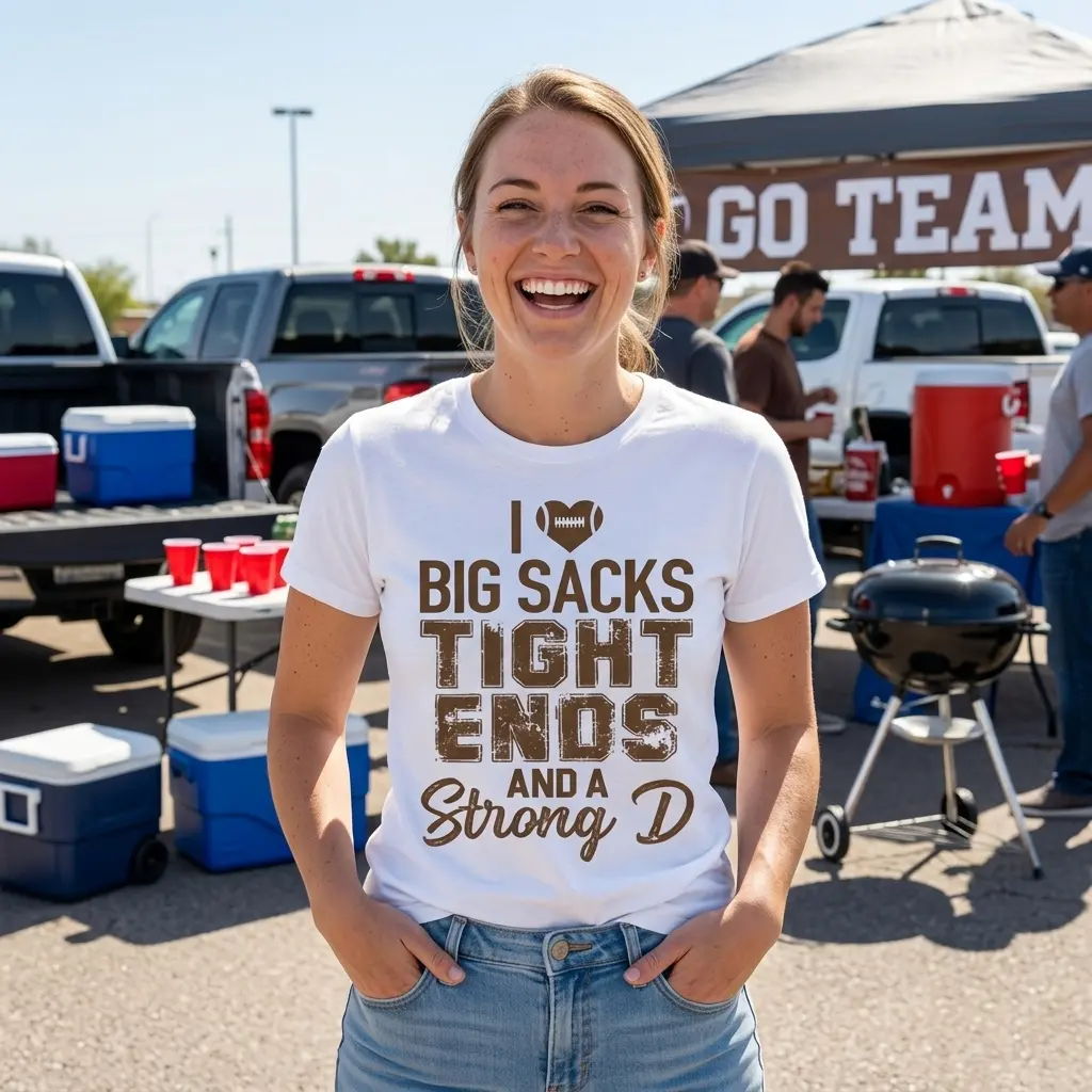 Person wearing funny football graphic T-shirt in a casual setting.