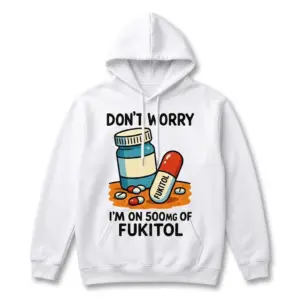 Funny Fukitol Prescription Graphic T-Shirt 7 Fukitol' humor T-shirt with cartoon pill design and funny slogan.
