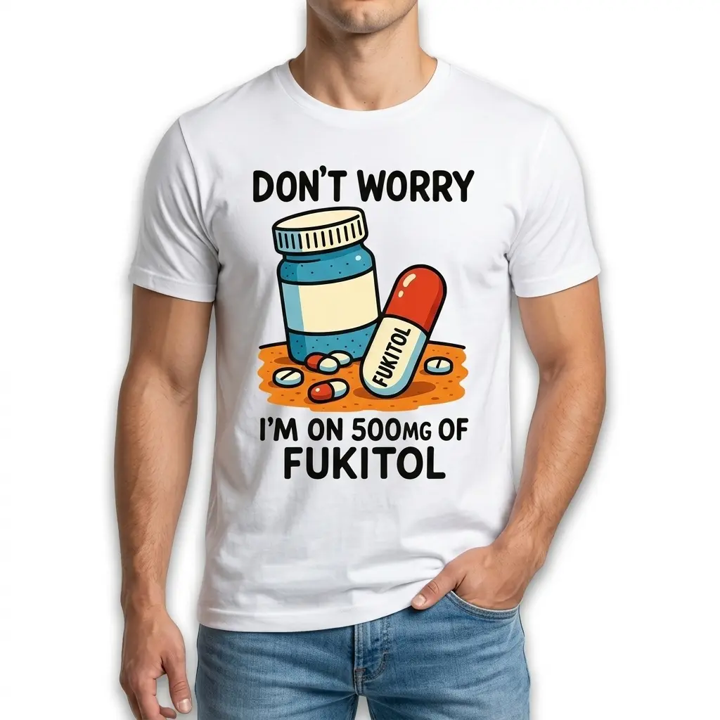 Funny Fukitol Prescription Graphic T-Shirt 3 Graphic T-shirt with 'Fukitol' pill jar illustration and comedic message.