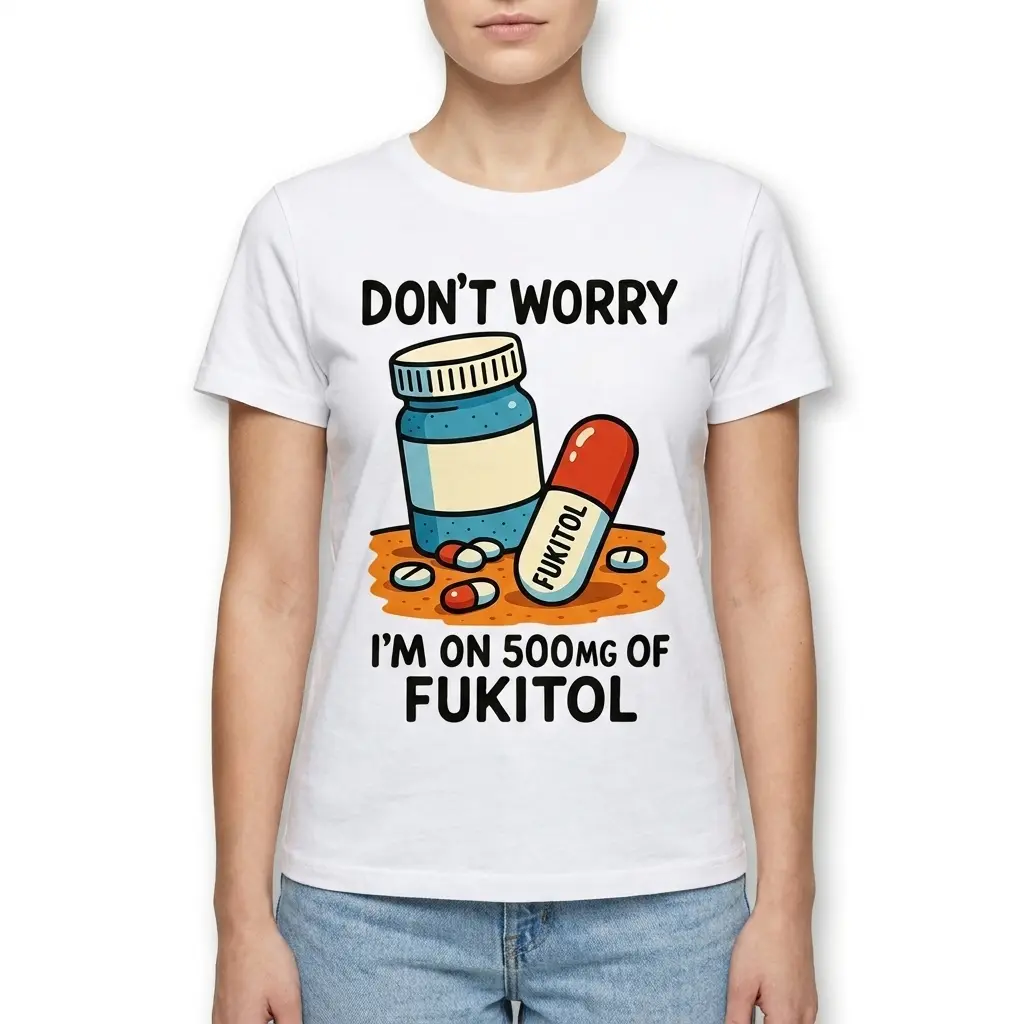 Funny Fukitol Prescription Graphic T-Shirt 4 Humorous 'Fukitol' shirt displaying colorful pill and fun text design.