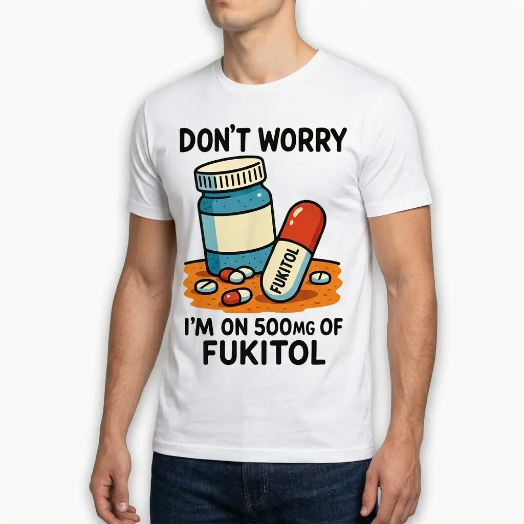 Funny Fukitol Prescription Graphic T-Shirt 5 Casual T-shirt showcasing 'Fukitol' prescription theme in a playful style.
