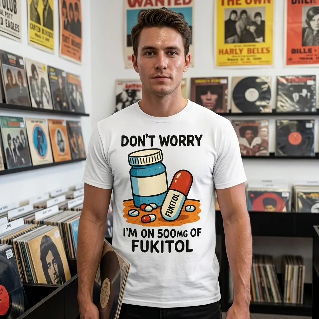 Funny Fukitol Prescription Graphic T-Shirt 6 Person wearing the 'Fukitol' humor T-shirt, pill graphic visible.
