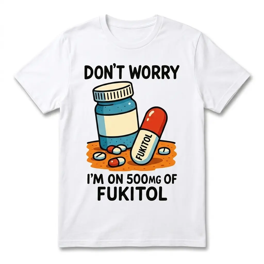 Funny Fukitol Prescription Graphic T-Shirt 1 White T-shirt featuring 'Fukitol' pill graphic and humorous text.