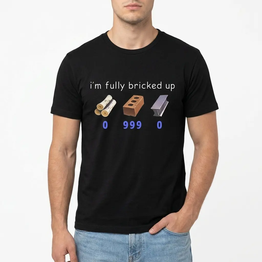 Funny Fully Bricked Up Gaming Meme T-Shirt 3 Close-up of humorous gaming meme design on T-shirt.